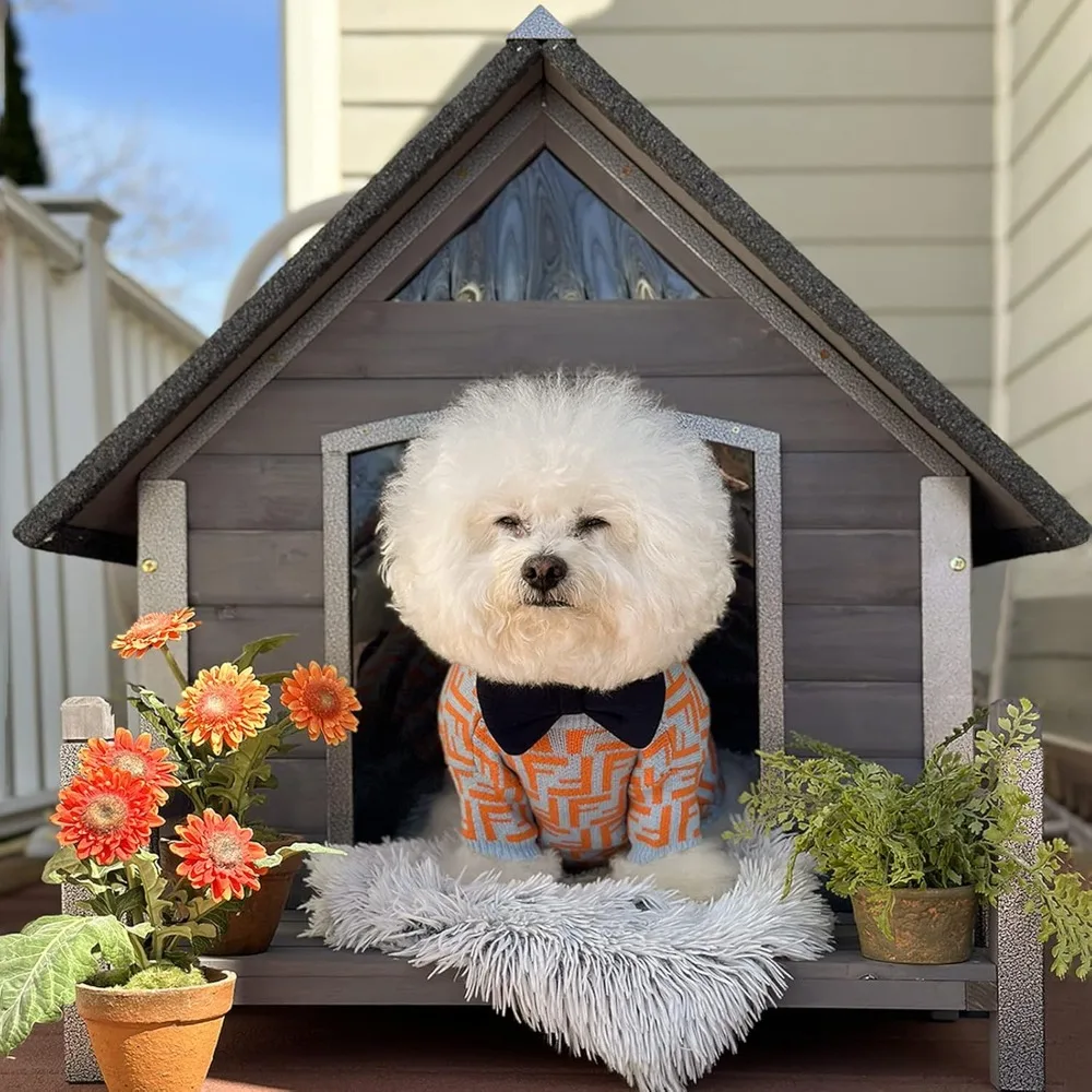 

Dog House with Anti-Bite Metal Iron Frame Outdoor Wooden Dog Kennel Indoor Puppy Shelter for Small Medium Large Dogs