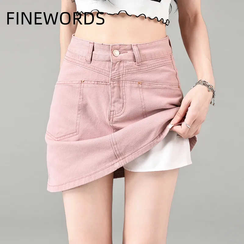 FINEWORDS Summer High Waist Vintage Pink Skirt Women A Line Denim Mini Skirt Korean Casual Streetwear Beach Jean Sexy Skirts