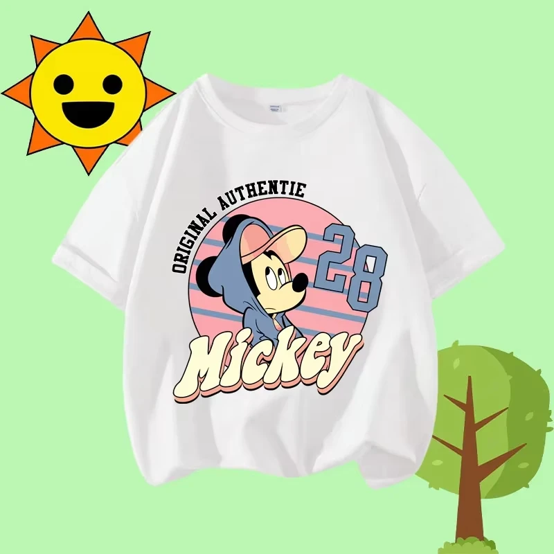 

2025 год, детский милый повседневный топ с круглым вырезом и короткими рукавами с принтом Микки и Минни для девочек, летняя футболка, спортивная рубашка для мальчиков