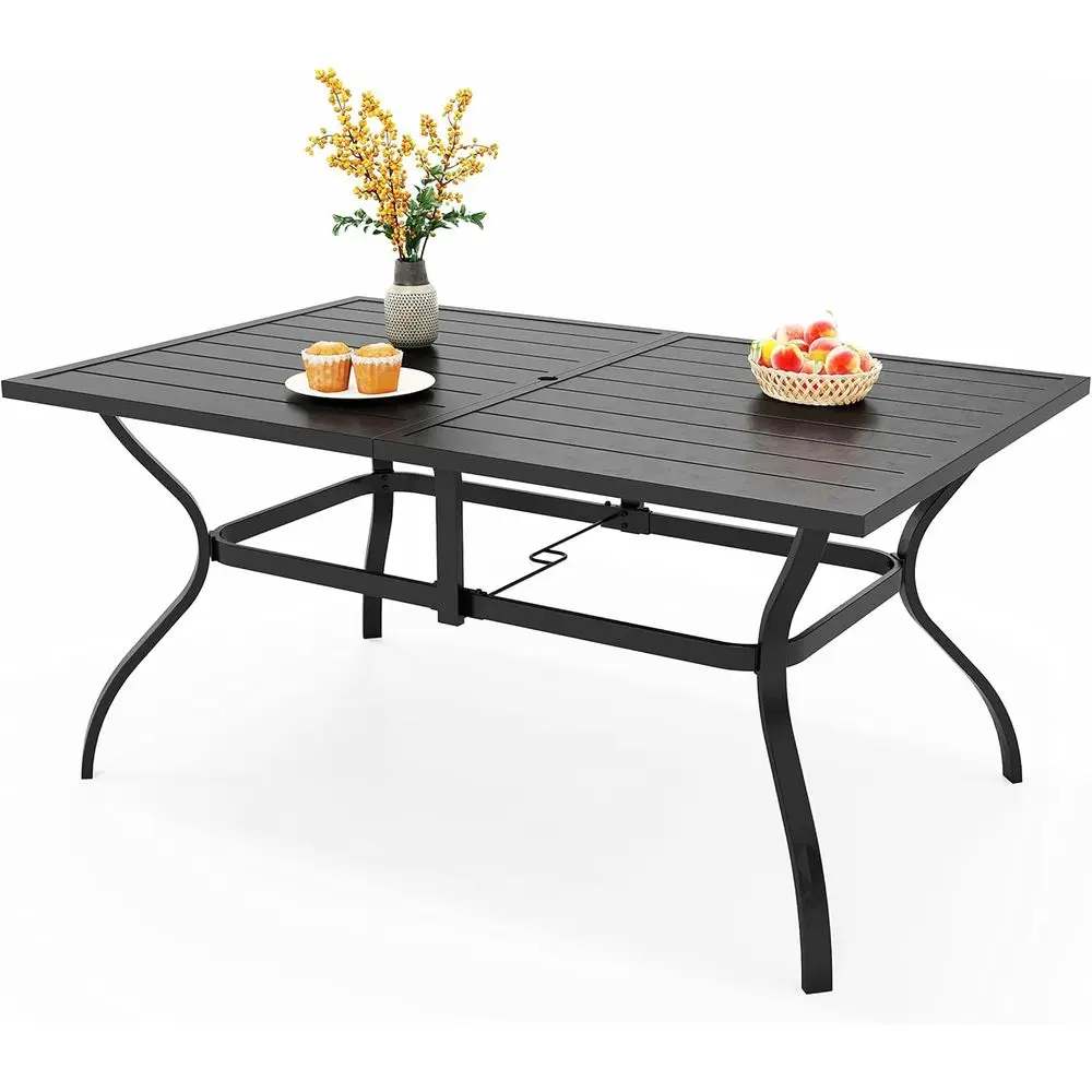 60 Long Rectangular Metal Wrought Iron Table with Umbrella Hole, All-Weather Large Furniture for Patio, Backyard, Porch