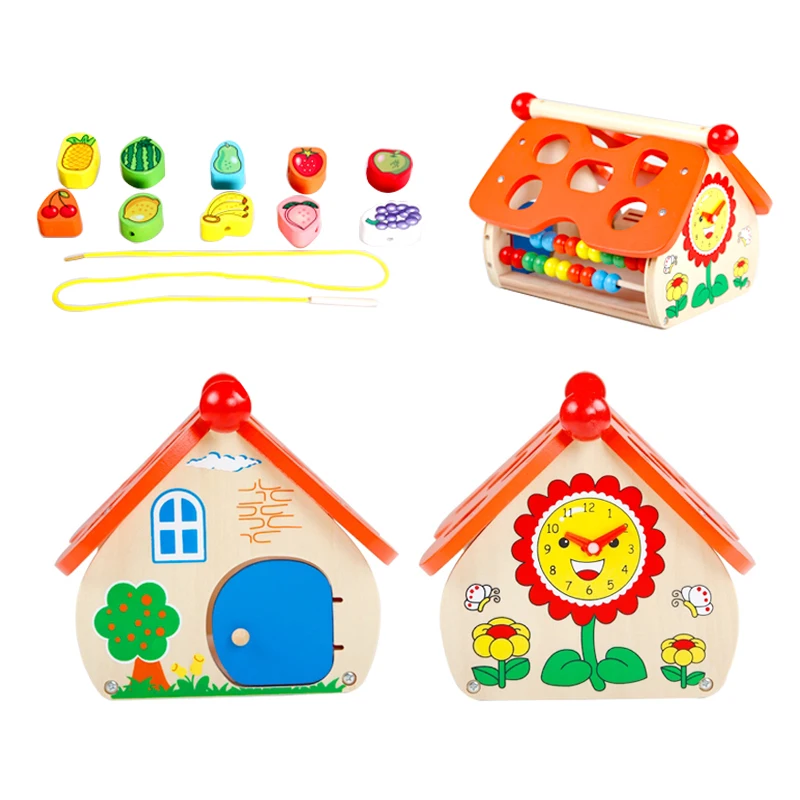 Multi-functional Baby Wooden wisdom house DIY String fruit Beads Arithmetic abacus set Wood Math Counting Building Block game