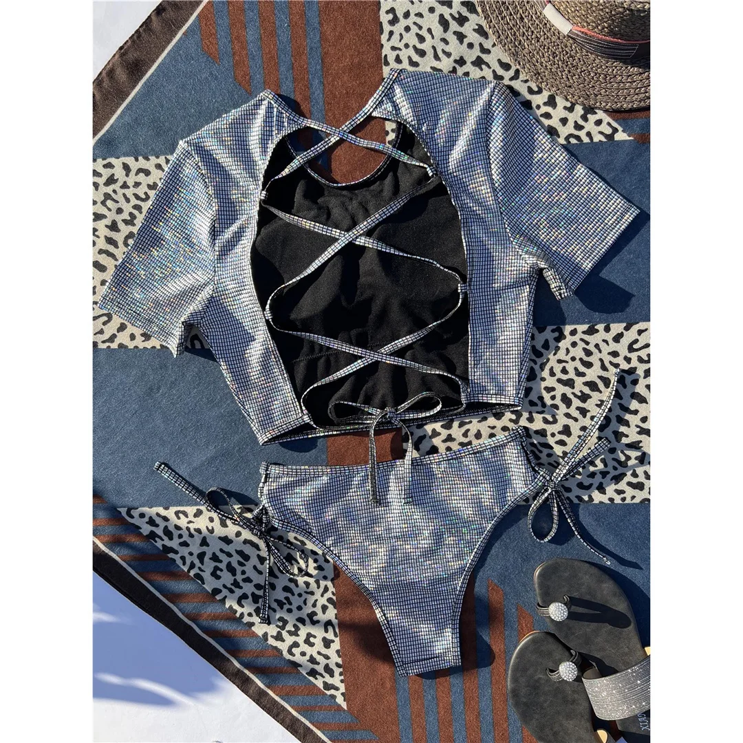 Karierter Bikini mit gekreuztem Rücken und kurzen Ärmeln, Damen-Badebekleidung, zweiteiliges Bikini-Set, Badeanzug, Damen-Badebekleidung, V4395 – Detail 10