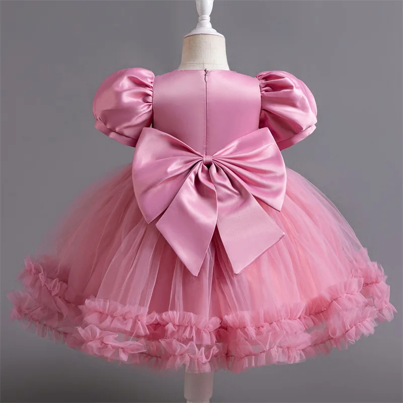 Baby Girl Wedding Dress Bow Newborn Baptism Dress Baby Girl Tutu 1 Year Birthday Party Dresses Puff Sleeves Toddler Kids Clothes