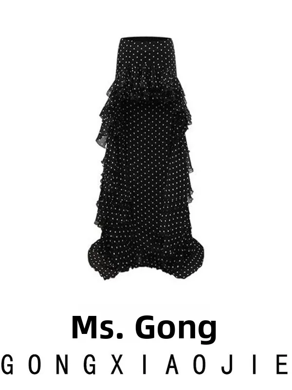 

Sexy Bla Polka Dot ter Ne Dr with Train And Lace Hem for Women Spring Summer Autumn New Design Slimming Long S...