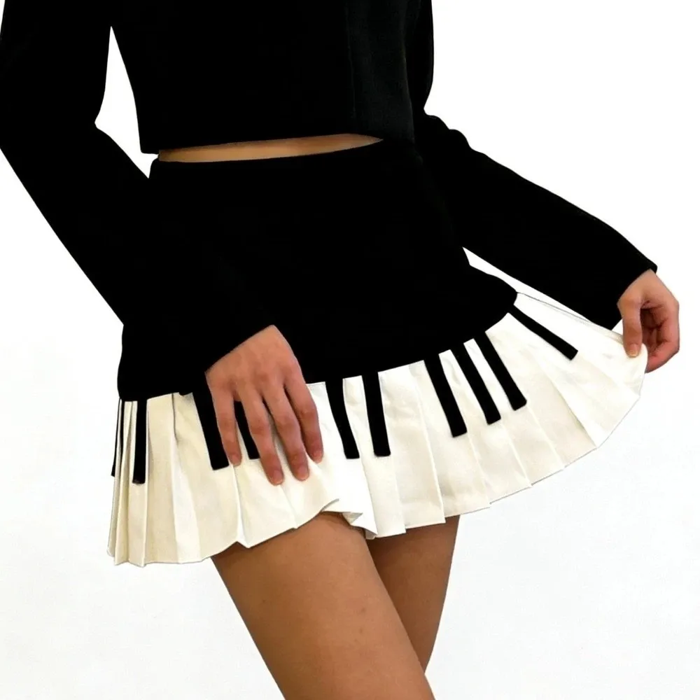 Chic Black White Splicing Piano Skirt Preppy Style Slim Keyboard Pleated Skirt Korean Style JK Dress Short Skirt Student