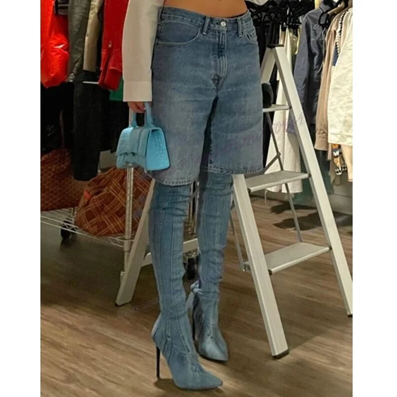 Stivali sopra il ginocchio in Denim blu scarpe a punta per le donne calzini sottili con tacco alto stivali scarpe da donna Sexy 2023 Zapatos Para