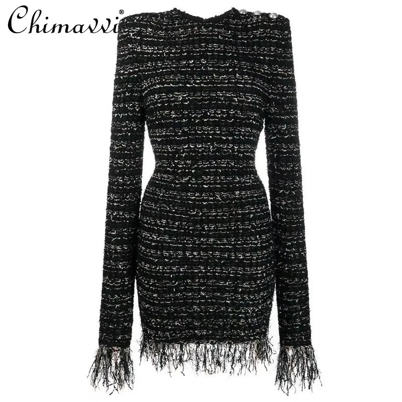 

2025 New Spring and Summer Solid Color Bright Silk Woolen Fringed Edge Long Sleeve Slim Short High Quality Dress For Women