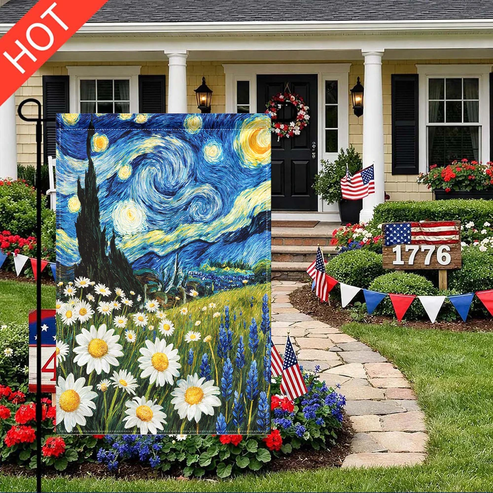 

Van Gogh Starry Night Garden Flag Double Sided Print No Pole Included Daisy Floral Outdoor Yard Decor