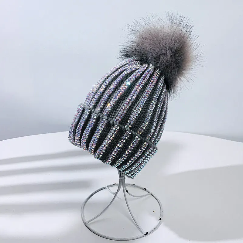 New Winter Warm Women\'s Hat Cute Big Fluff Ball Rhinestone Knitted Cap Outdoor Leisure Ski Headgear Brim Velvet Beanie Chapeau