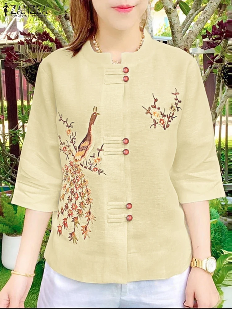 

Vintage Shirts ZANZEA Women 3/4 Sleeve Buttons Up Blouses Summer Printed Shirt Female Tops Casual Holiday Blusas Oversize Mujer