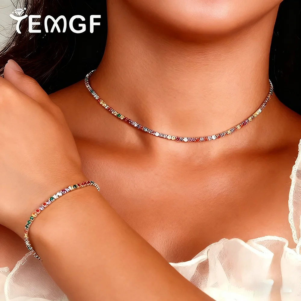 

TEMGF 2.5mm Rainbow Zircon Bracelet/Necklace 925 Sterling Silver Tennis Chain for Women Girls Fine Jewelry Fashion Birthday Gift