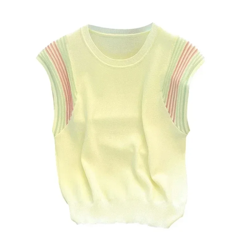 Summer Knit Vest Women T-shirt Vintage Korean Fashion O-neck Pullover Striped Sleeveless Sweater Tank Crop Top Ladies Waistcoat