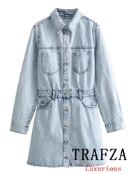 TRAFZA Vintage Casual Denim Women Dress Solid Long Sleeve Single Breasted Turn-down Collar Short New Vestidos Fashion 2024 Dress