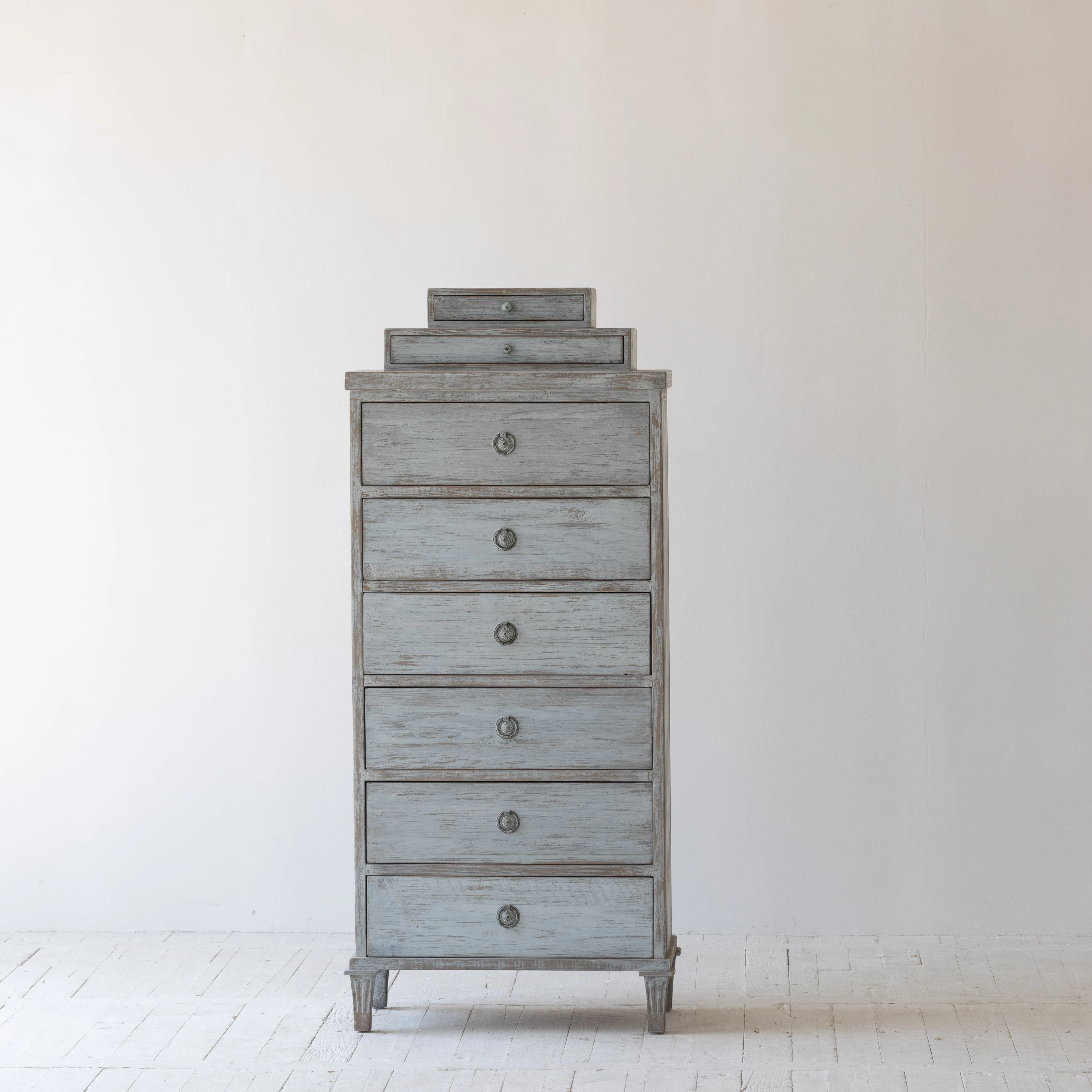 French Reproduction Country  Eco Friendly Grey Wash Tall Boy Storage Chest Drawers Recycled Wood Living Room Cabinets