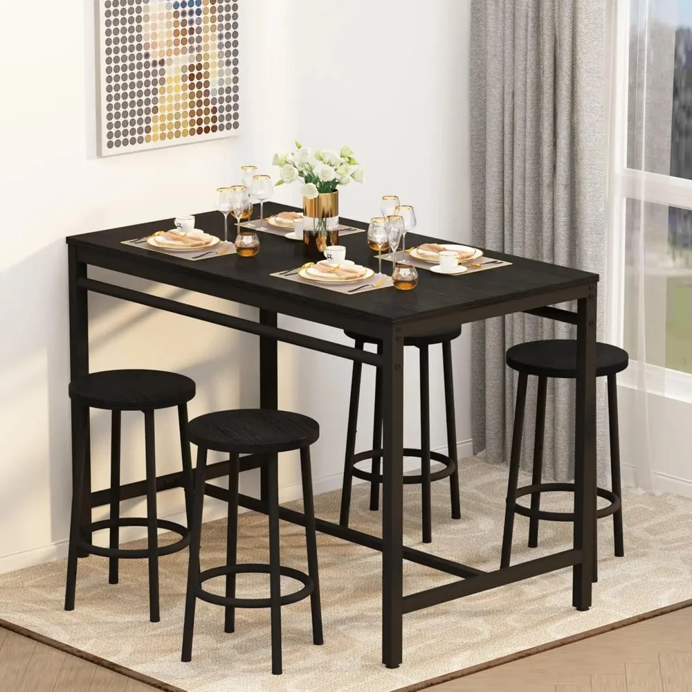 5 Pieces Bar Table Set, Kitchen Table and Chairs for 4, Industrial Counter Height Pub Dining Set with 4 Round Bar Stools,  Black