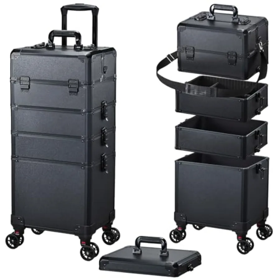 

Rolling Makeup Case Makeup Train Case with Lid 5 in 1 Cosmetology Case on Wheels Large Makeup Organizers Salon Cart Ba