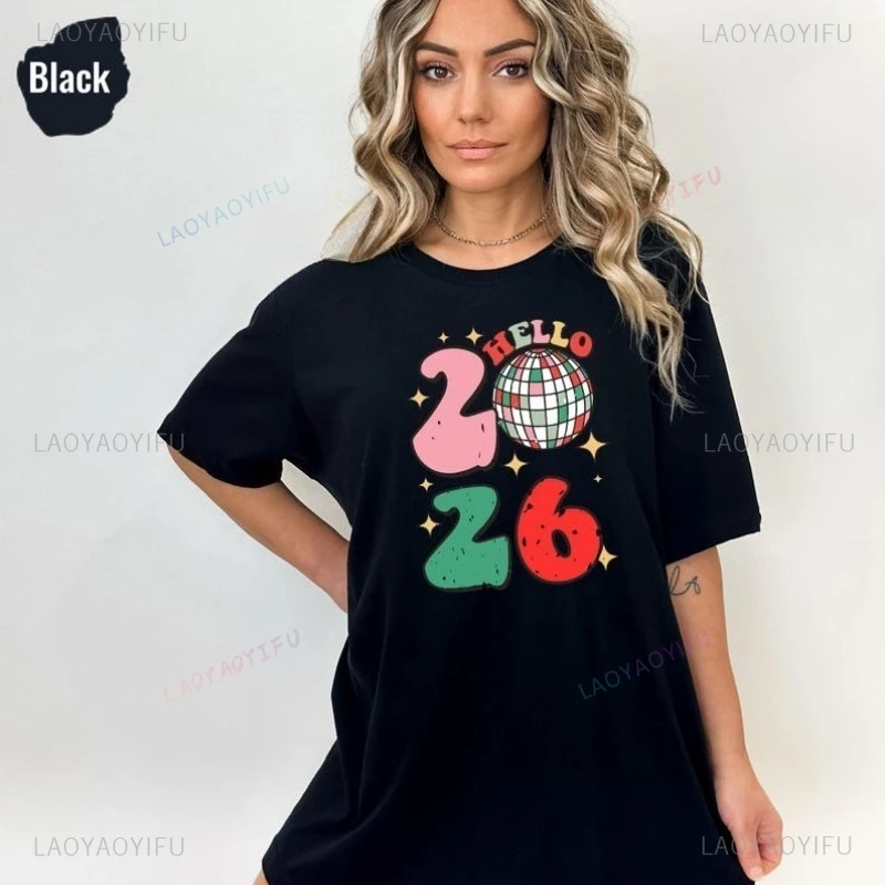 

Happy New Year 2026 T-shirt New Year Breathable Unisex Short-sleev Shirt Retro Hipster Hello 2026 Cotton Tees Funny Party Gift
