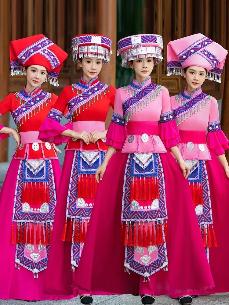 Tujia women, Xiangxi ethnic minorities, Guangxi Zhuang ethnic dress up adult set, Miao dance performance costume 4-piece set