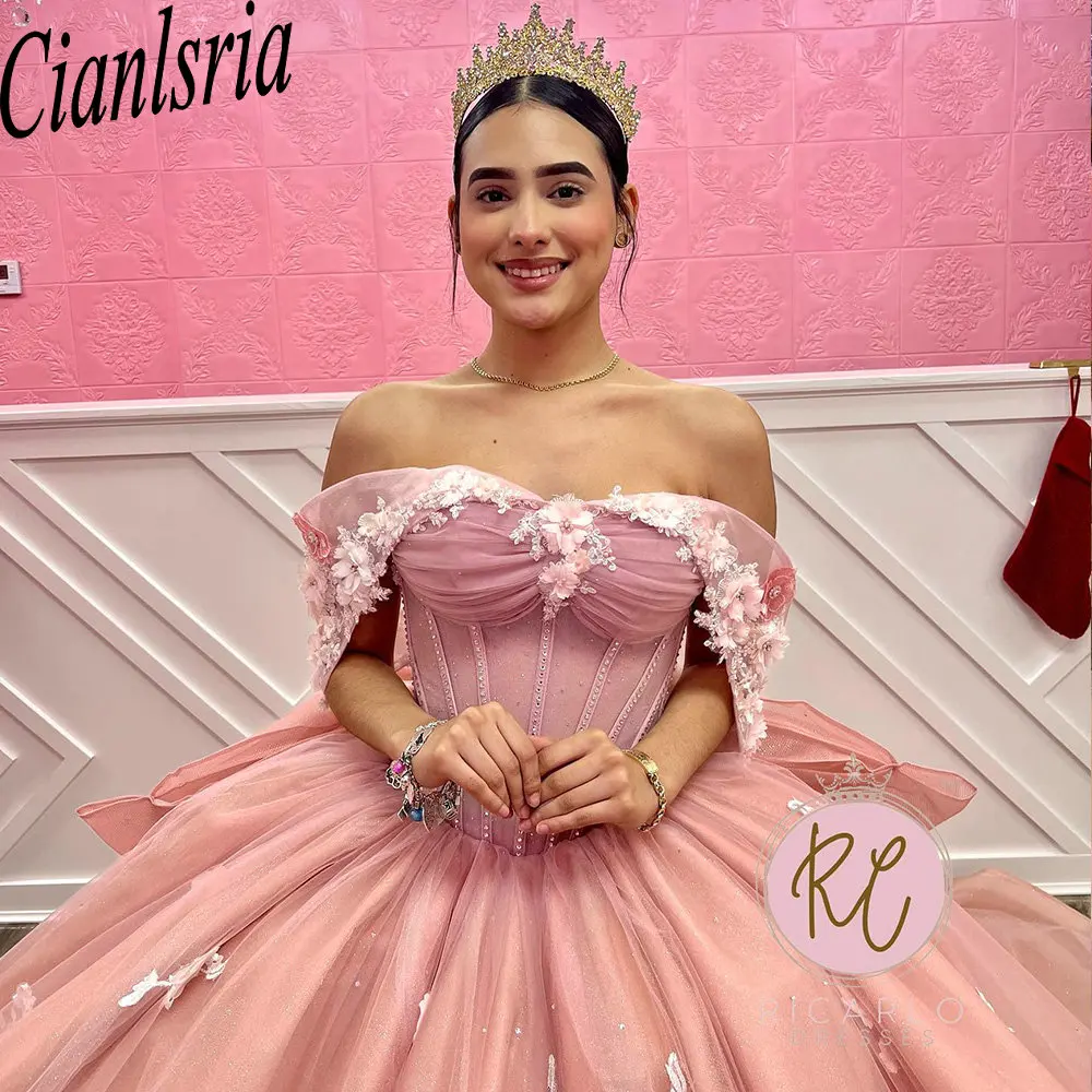 Vestido De baile con lazo De encaje para quinceañera, apliques rosas, hombros descubiertos, corsé De flores 3D, 15 Años