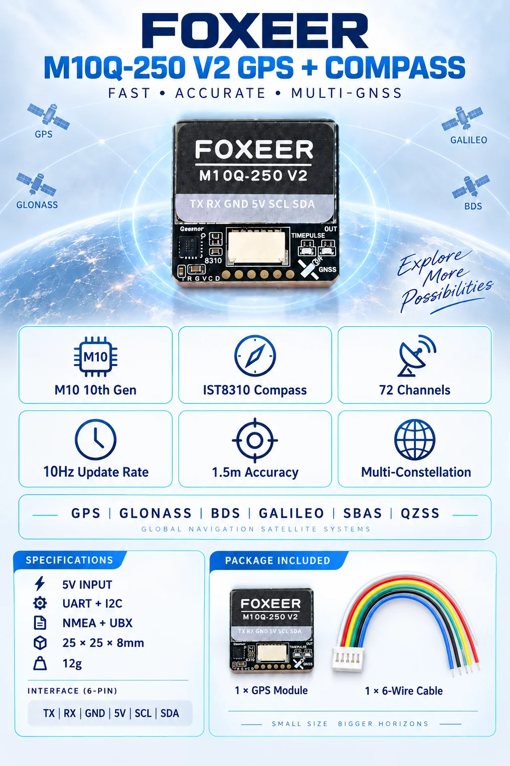 Foxeer M10Q-250 V2 M10 GPS-Modul mit IST8310 Kompass 10Hz 72CH GNSS-Empfänger für Langstrecken-FPV-Drohne Betaflight INAV UAV-Teil – Detail 2