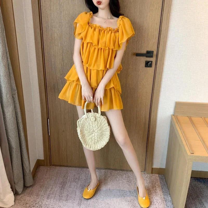 Sweet Summer New Off Shoulder Chiffon Slip Dress Solid Pleated Loose All-match Fashion Mini Dress Korean Sexy Women Clothing