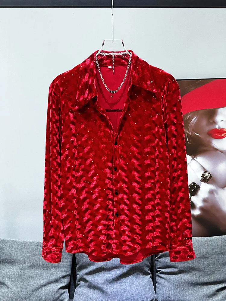 

Fashionable Velvet Design Men's Shirt Autumn Winter New Style Trendy All-Match High-End Sensation Starry Patterned Loose Fit