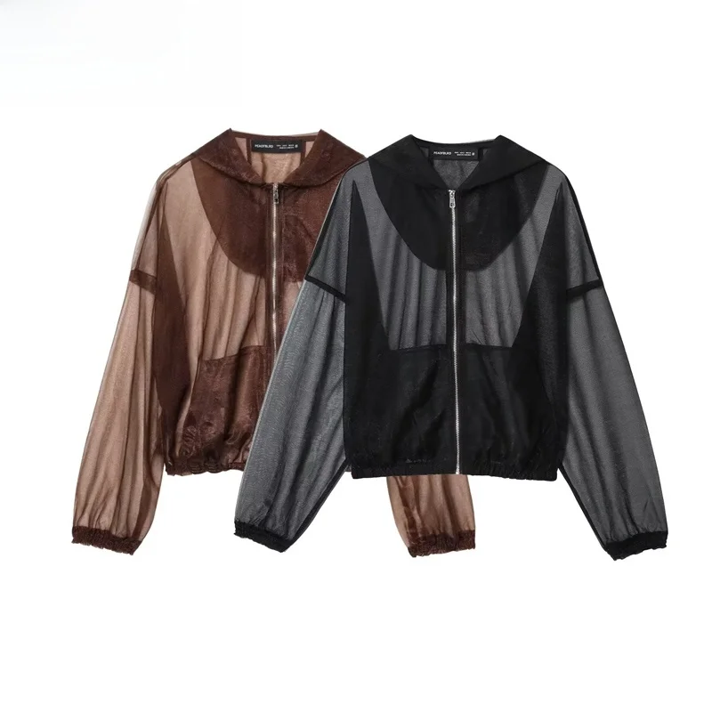 

ZBZR Spring New Women's Faion Simple Transparent Hard Tulle Hooded Jaet Outerwear Polyester Fiber Long Sve Zipper Closure