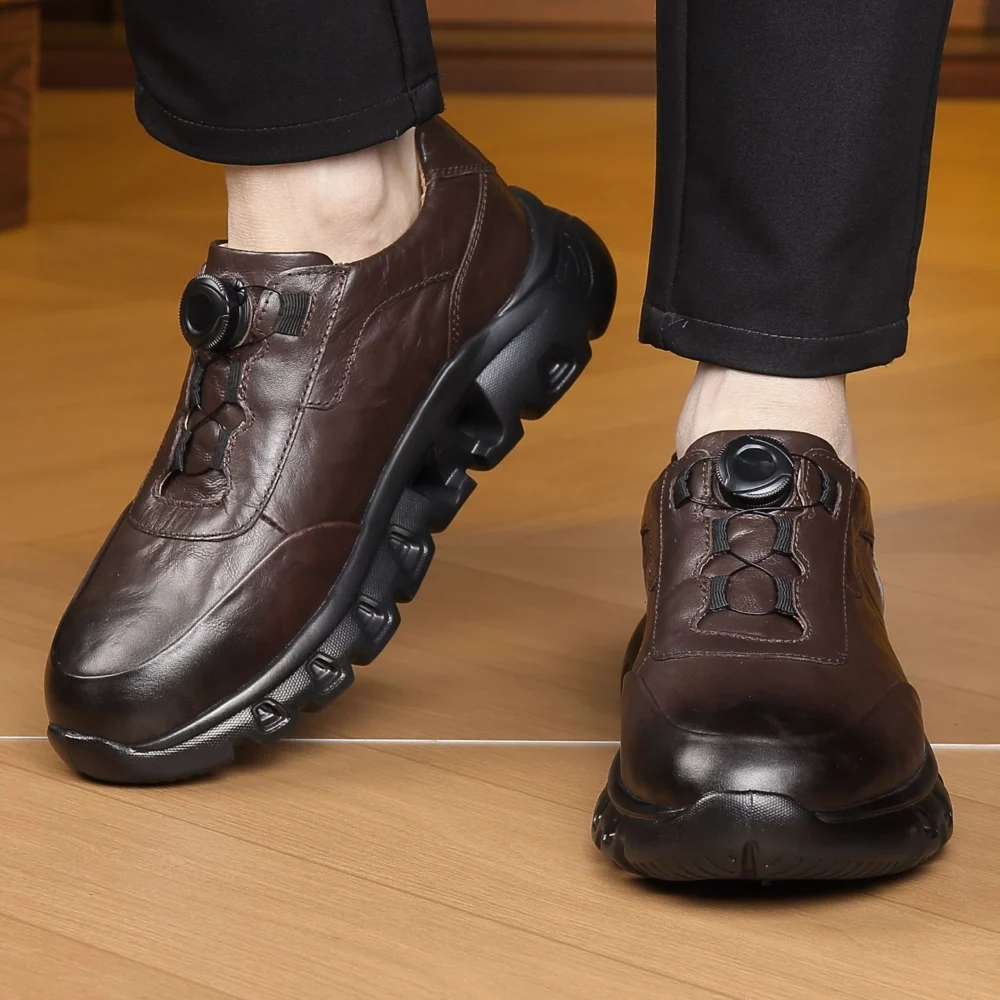 Trendy Cow Leather Shoes Men Automatic Swivel Button Luxury Cowhide Sneakers Lightweight Business Athletic Loafers Handsome 45 view 3