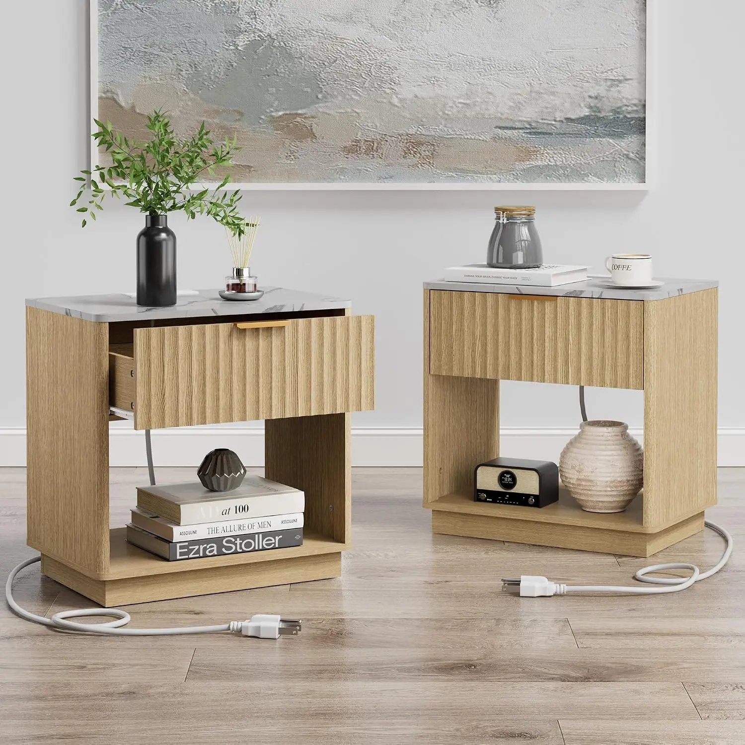Fluted Nightstands Set 2 Charging Station 23