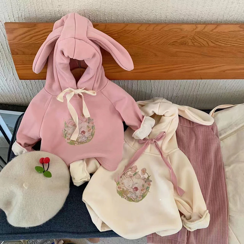 Cute Baby Girls Hoodies Spring Autumn Korean Cartoon Rabbit Hooded Coats Sweatshirt Thick Warm Velvet Kids Pullover Tops 1-6Y