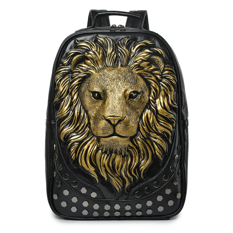 3D goffrato testa di leone con borchie rivetto uomo zaino gotico borsa da donna in morbida pelle Punk Rock Daypack Laptop School borsa regalo moto