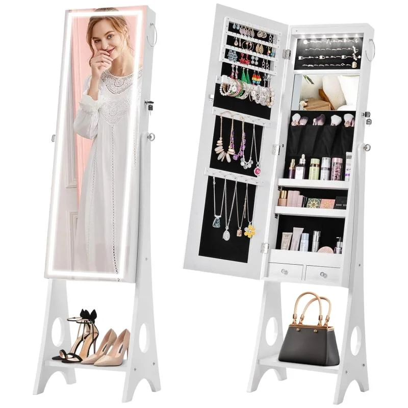 6 Led Jewelry Cabinet Mirror Standing, Jewelry Organizer Touch LED Control & 4 Adjustable Angle,Full Length Mirror Jewelry