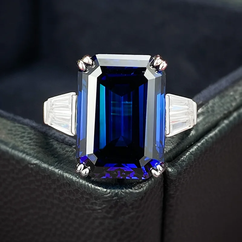 2023 New S925 Silver Emerald Cut 10 * 14 Royal Blue Ring Women's European and American Cross border Style