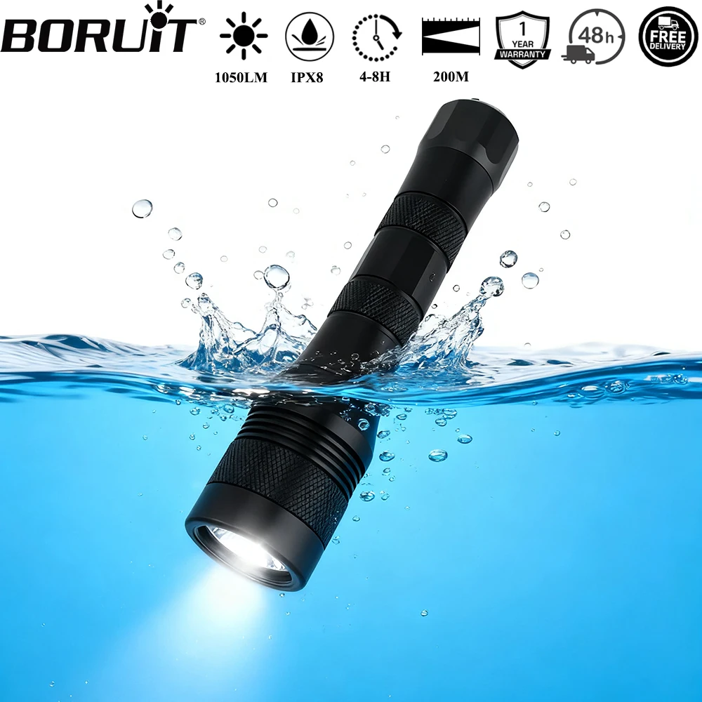 BORUiT DIV01 1050LM Underwater 150m LED Scuba Diving Flashlight IP68 Waterproof Submarine Lantern Diving Light