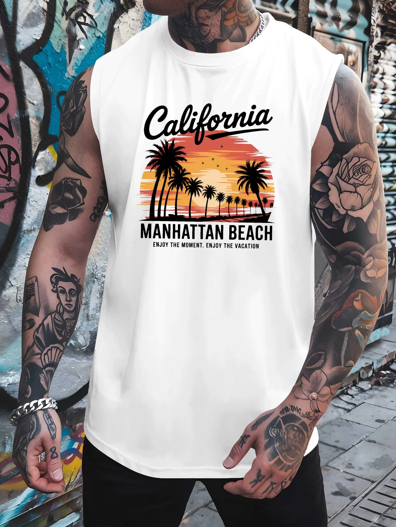 

Large-sized men's vest, designed in the style of Manhattan Beach, California, specifically for sports and fitness activities.
