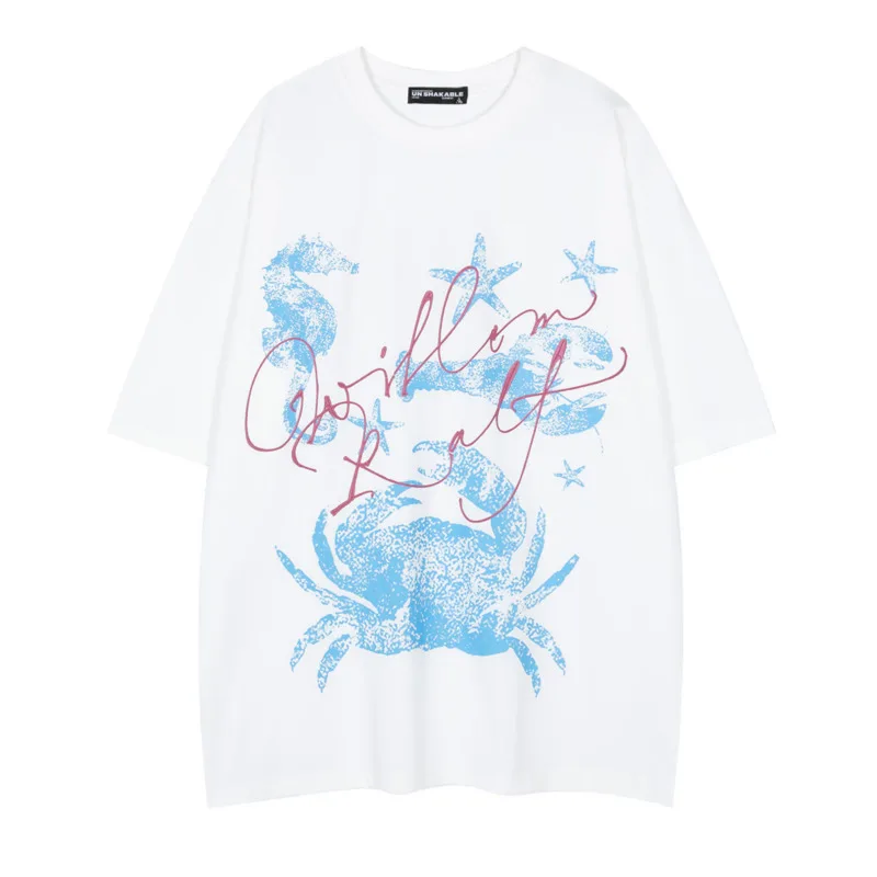 American retro underwater animal print cool short sleeved T-shirt for men and women in summer, loose and versatile couple's top
