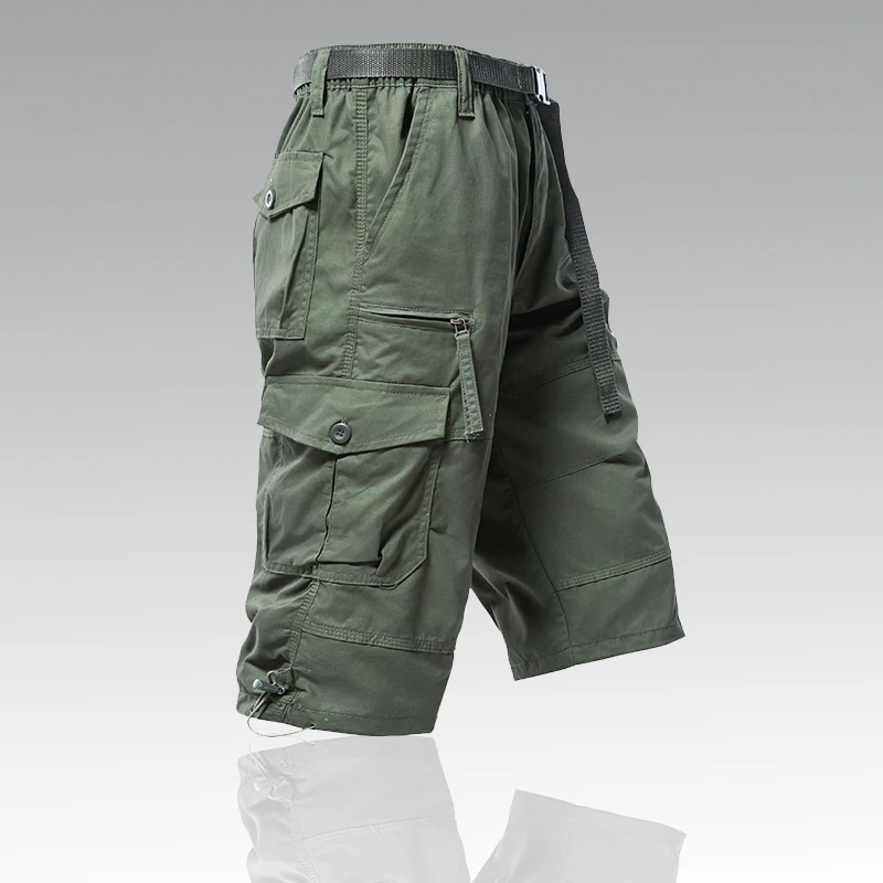 Mens Cargo Shorts 100% Cotton Casual Running Shorts Elastic Waist Hiking Outdoor with A Belt