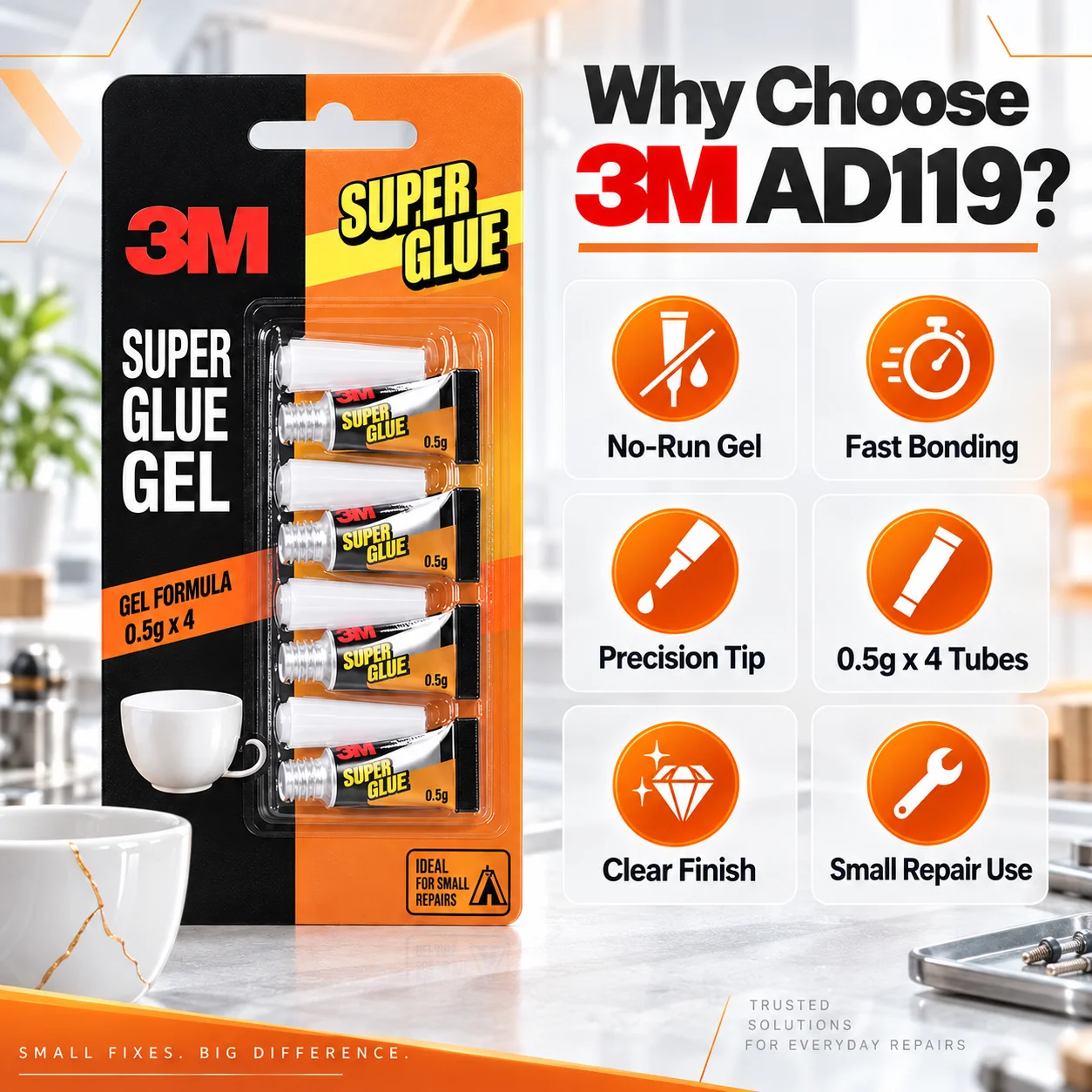 3M AD119 Super Glue Gel Fast Bonding No-Run Precision Adhesive For Ceramic Glass Metal Plastic DIY Repair 0.5g x 4 Tubes