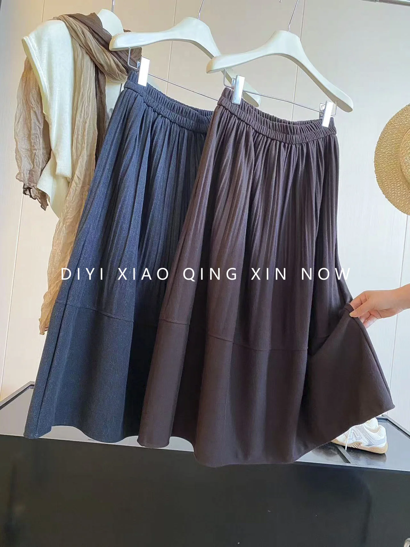 Artistic Style Woolen Plaid Skirt High Waist A-Line Midi Skirt Women Slimming Versatile Elastic Waist Skirt Hem Umbrella Skirt