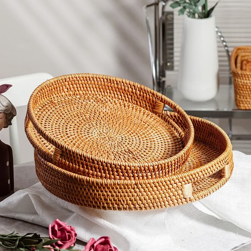 

Eco Firendly Rattan Storage Tray Handwoven Wicker Basket Bread Snack Food Plate Fruit Cake Platter Dinner Serving Tray Tea Tray