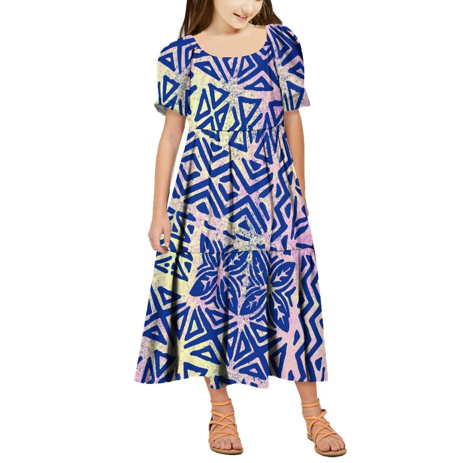 

Summer Girls Puffy Sleeve Dress Cute And Comfortable Fluffy Maxi Polynesian Island Design Print Fashion Children'S Dress