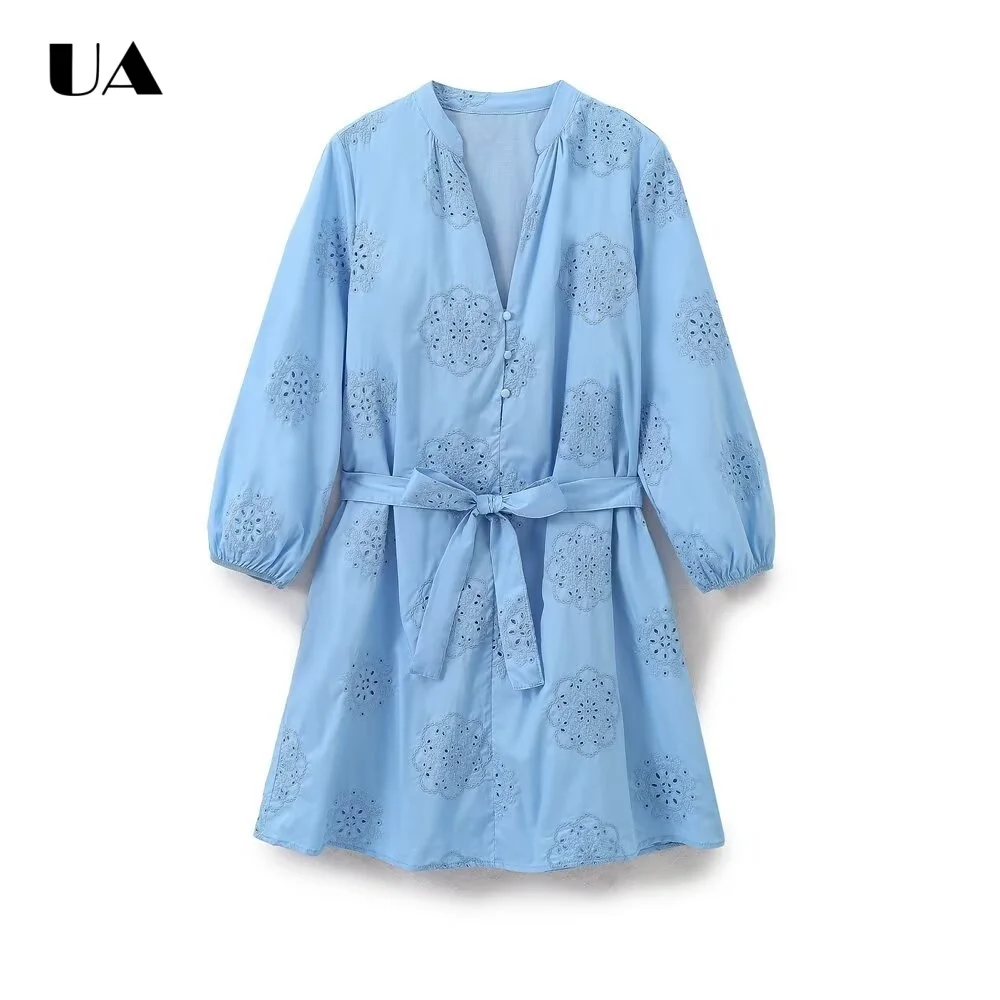 

Trendy Fit-and-flare Mini Hollow Out Dress with Puff Sleeve Hotsweet Deep V-neck Embroidered Short Dress Fashionable Solid Dress