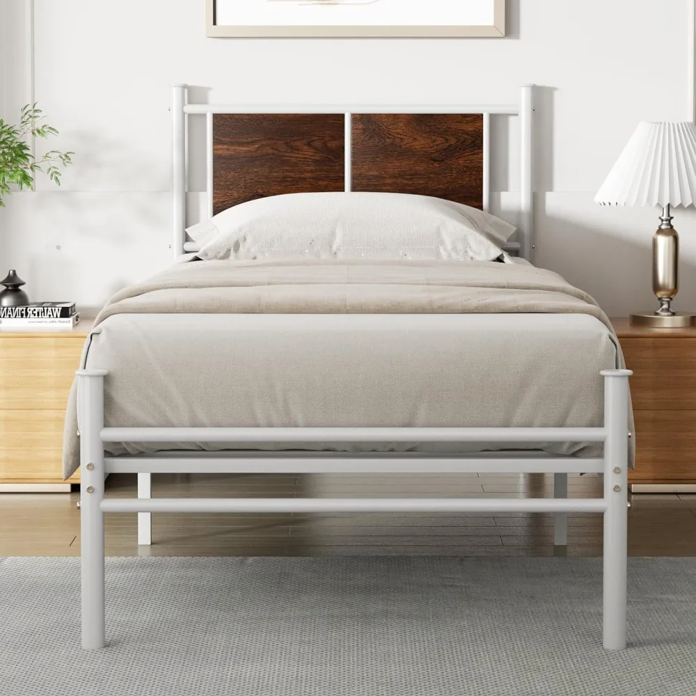 

Twin Size Bed Frame with Rustic Wood Headboard, Metal Heavy Duty Platform Frame, Sturdy Steel Slat Support, No Box Spring Needed