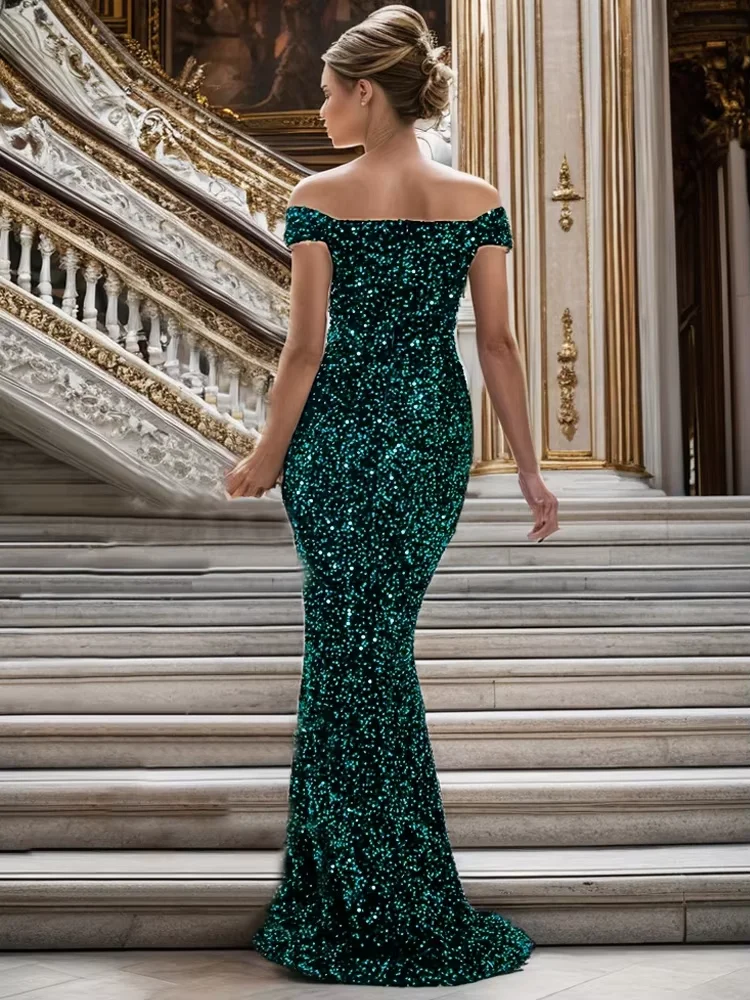 Off Shoulder Sleeveless Wedding Party Dress Slash Neck With Padded Stretch Velvet Sparkle Sequin Evening Gown Elegant Women 2024