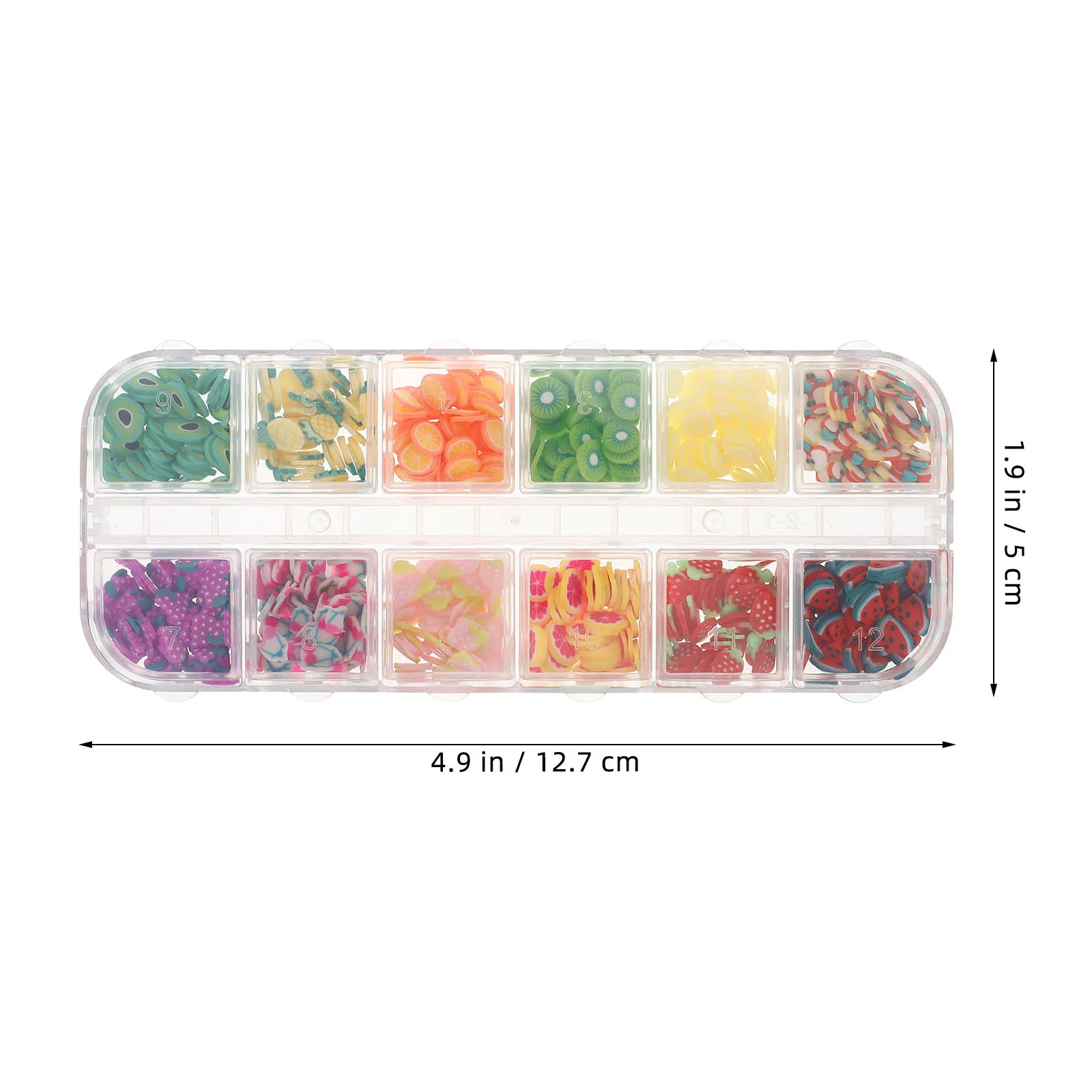 12グリッドポリマークレイフルーツスライス カラフルネイルアートチャーム DIY 3Dフルーツデコレーション イチゴ チェリー レモン オレンジネイル