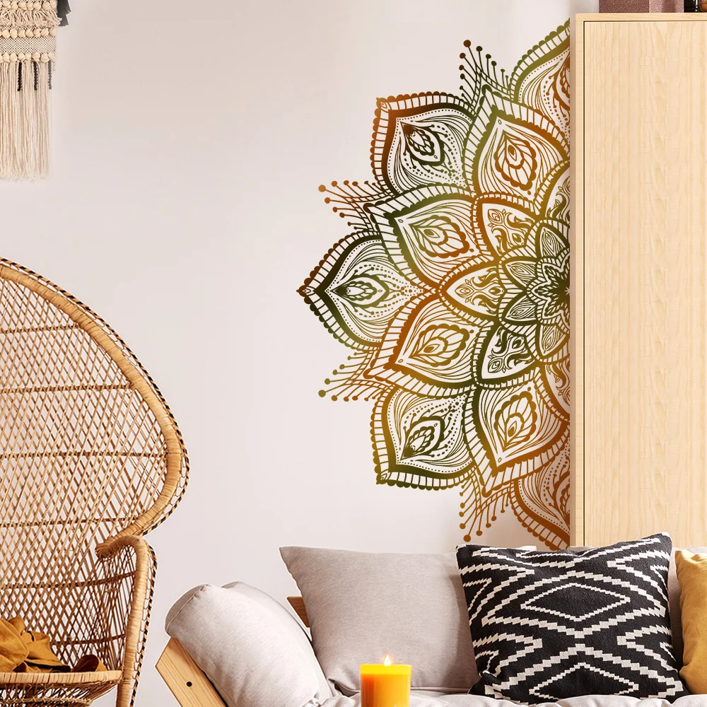 ملصقات حائط ماندالا ذهبية داكنة لتزيين جدران غرفة المعيشة وغرفة النوم، ملصق ديكور ذاتي اللصق باللون الأسود النقي