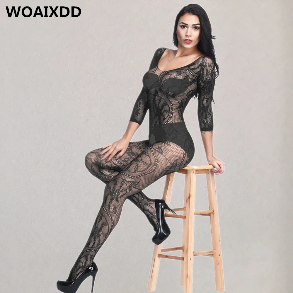 

Plus Size Open Crotch Full Body Stockings Erotic Transparent Lingerie With Lace Tights Women Sexy Underwear Printed Pantyhose
