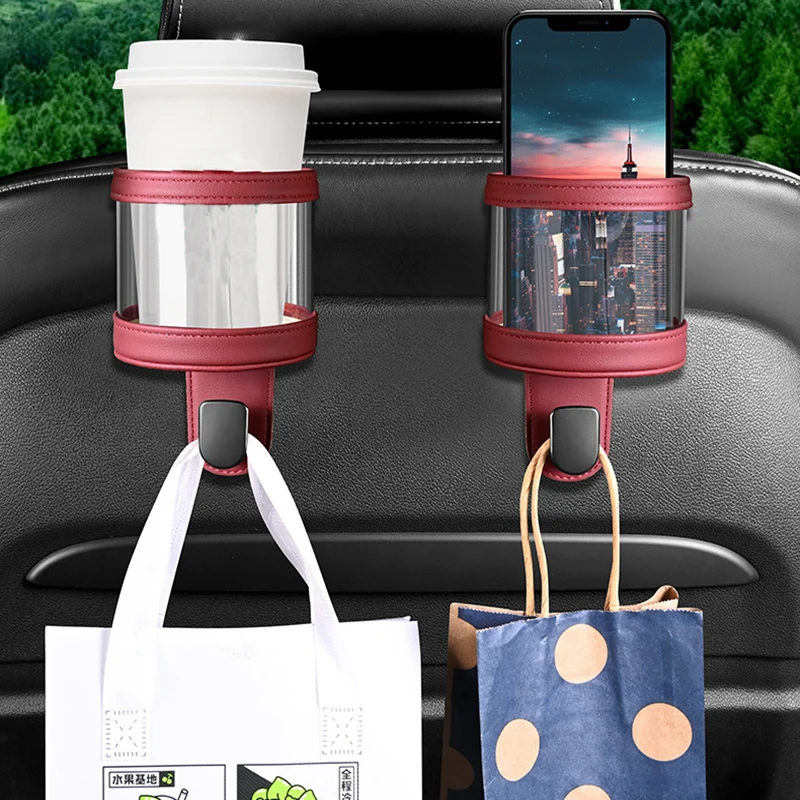 Car Backseat Cup Holder Hook Headrest Hanger Hook With Cup Holder Purses And Bags Holder Automotive Road Trip Organizer For Bag