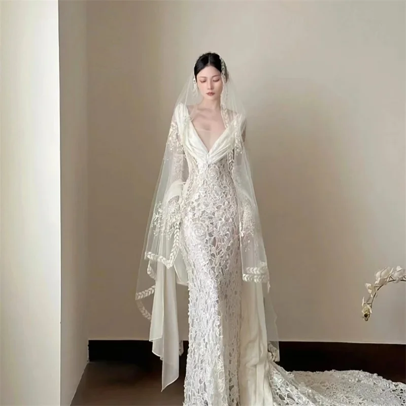 2025 verão novo laço branco francês trigo orelha laço bandana de camada única high-end sentimento casamento da noiva principal headpiece