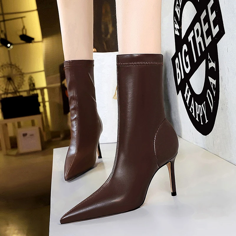 

ZOOKERLIN Pointed PU Leather Women's Boots Stiletto High Heel Slim Solid Color Short Tube Slip On Martin Boots Ankle Boots Retro